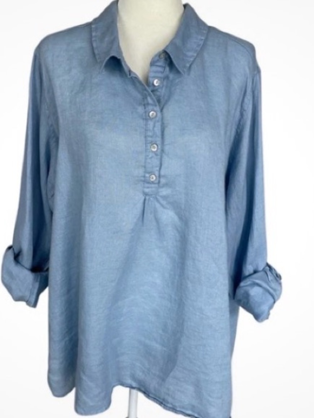 Jones&Co light Blue popover 100% linen top size 2XL, roll up sleeves